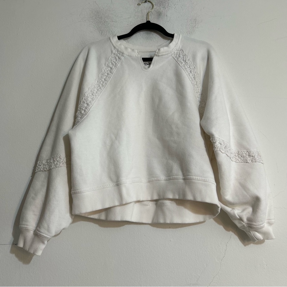 Aerie Hey Crochet Lace Trim Notch Neck Sweatshirt White Small